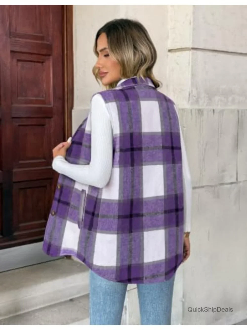 Women's Flannel Plaid Vest Sleeveless Button Down Lapel Collar Lightweight